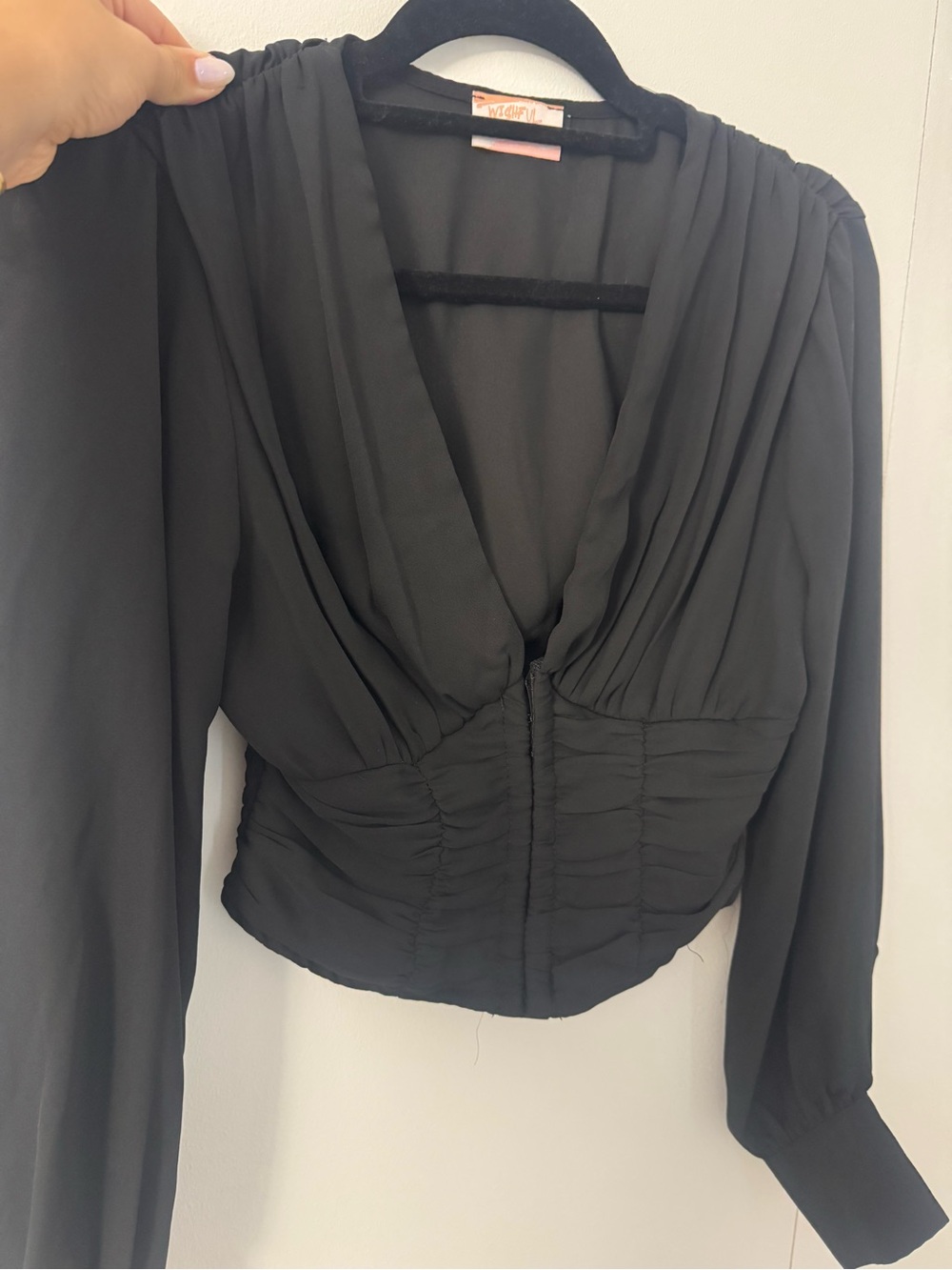 Women's Black Draped V-Neck Blouse with Ruched Waist